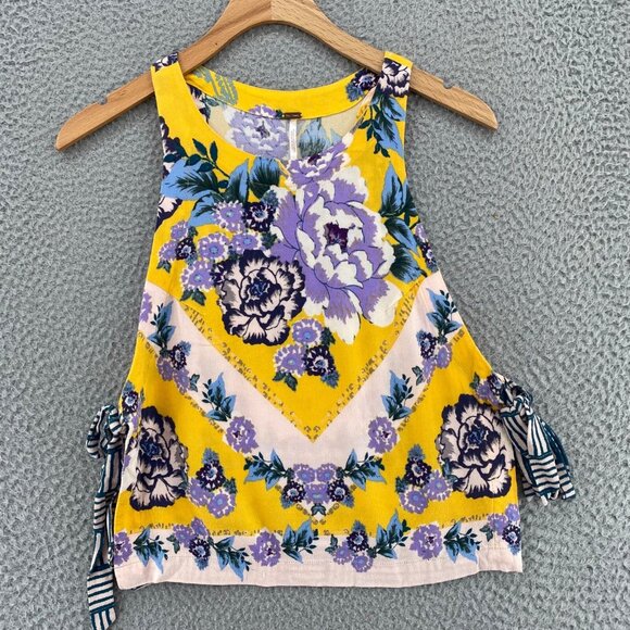 Free People Top Womens Extra Small This Sweet Love Yellow Floral Tank Side Ties - Picture 1 of 9